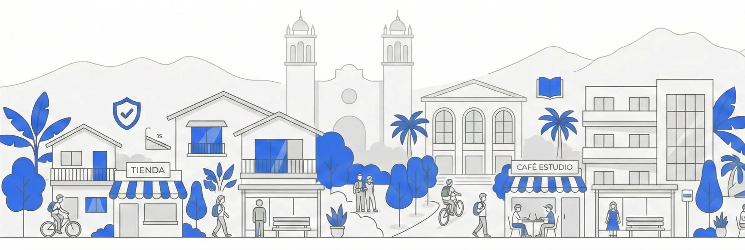 Ilustracion line-art de una ciudad con edificios y árboles